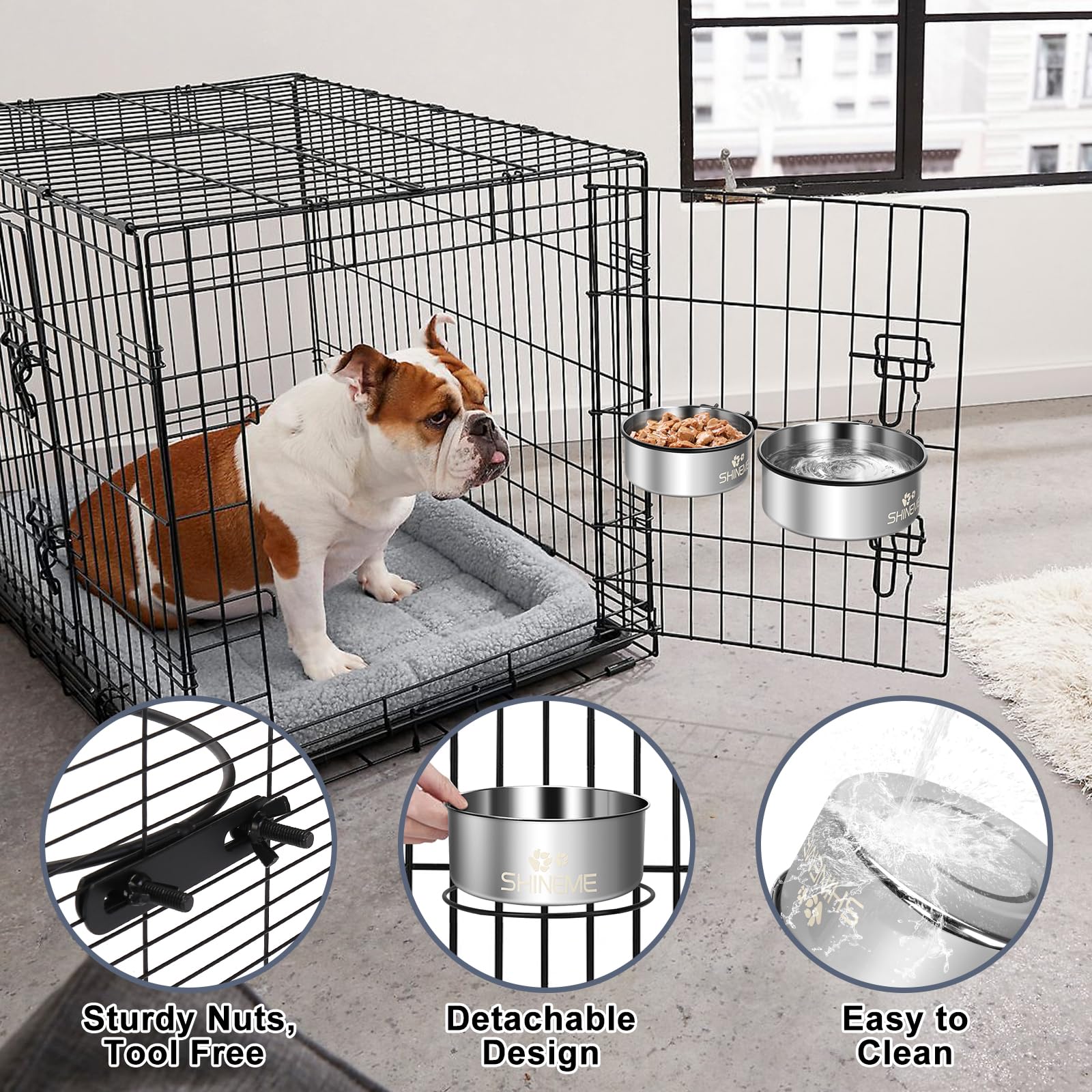 ShineMe 2-Pack Dog Kennel Bowls: 54oz & 34oz Stainless Steel Crate Bowls with Anti-Spill Mounting Brackets