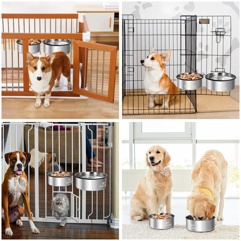 ShineMe 2-Pack Dog Kennel Bowls: 54oz & 34oz Stainless Steel Crate Bowls with Anti-Spill Mounting Brackets