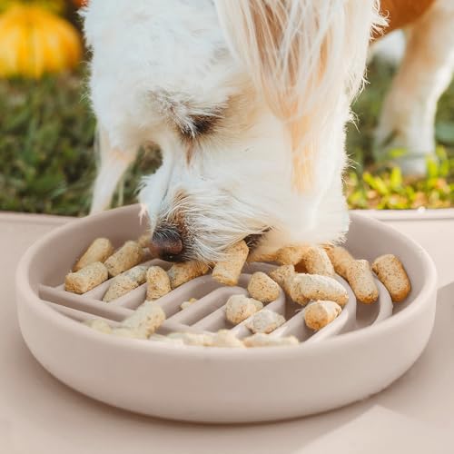 Should We Go? Small Slow Feeder Dog Bowl - 6" Silicone Lick Mat for Puppies & Dogs, Tan - Reduces Gulping, Dishwasher Safe