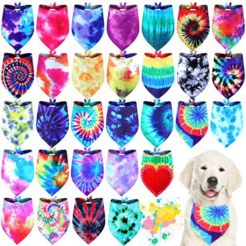 Silkfly 30 Pack Dog Bandanas Bulk - Tie Dye Washable Pet Scarves for Large Medium Dogs, 30 Unique Styles
