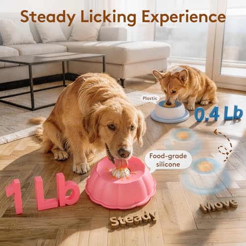 SIOCMONKEY Slow Feeder Dog Bowl with Rolling Ball for Liquid Treats – Non-Slip Silicone Lick Bowl for Bone Broth, Yogurt (Pink)