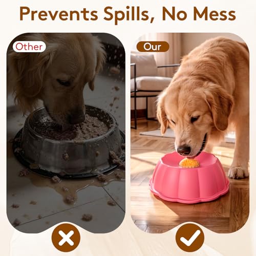 SIOCMONKEY Slow Feeder Dog Bowl with Rolling Ball for Liquid Treats – Non-Slip Silicone Lick Bowl for Bone Broth, Yogurt (Pink)