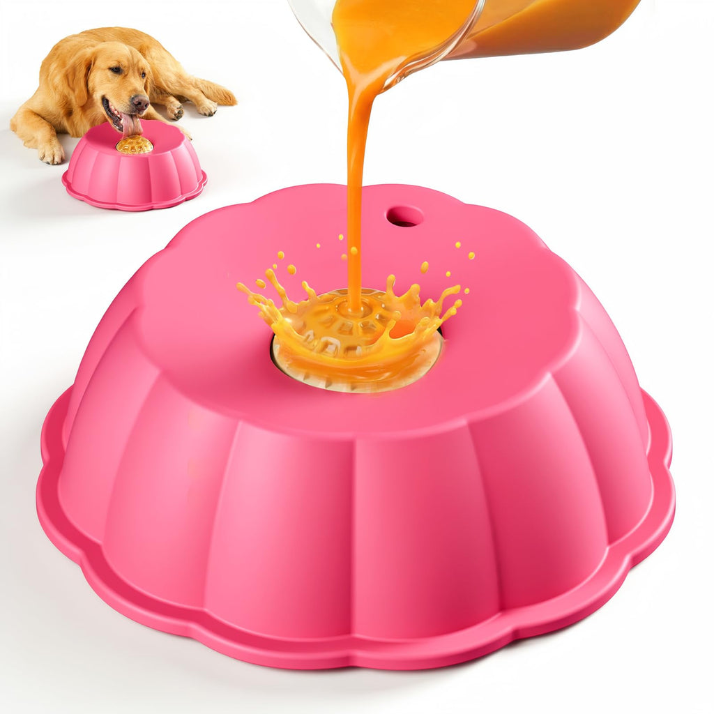 SIOCMONKEY Slow Feeder Dog Bowl with Rolling Ball for Liquid Treats – Non-Slip Silicone Lick Bowl for Bone Broth, Yogurt (Pink)