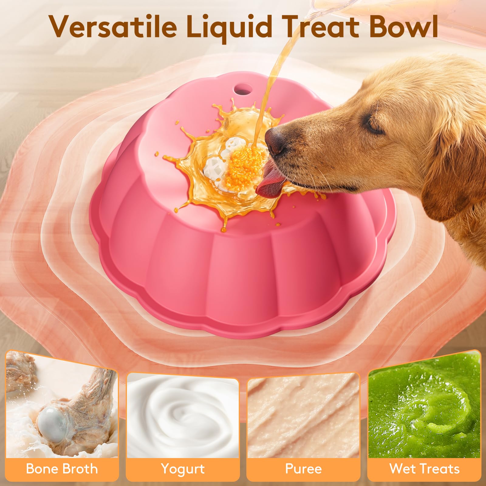 SIOCMONKEY Slow Feeder Dog Bowl with Rolling Ball for Liquid Treats – Non-Slip Silicone Lick Bowl for Bone Broth, Yogurt (Pink)
