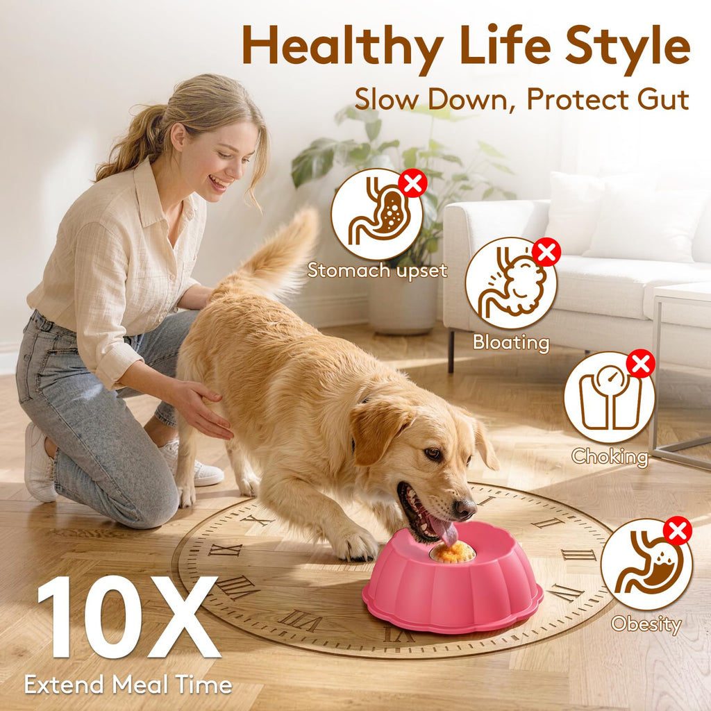 SIOCMONKEY Slow Feeder Dog Bowl with Rolling Ball for Liquid Treats – Non-Slip Silicone Lick Bowl for Bone Broth, Yogurt (Pink)