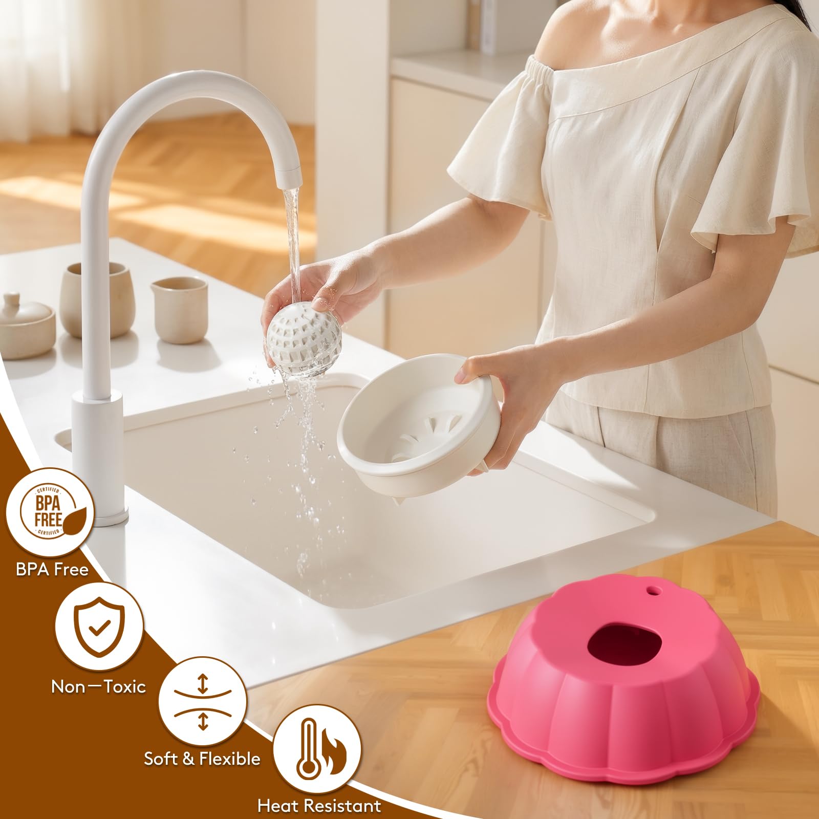 SIOCMONKEY Slow Feeder Dog Bowl with Rolling Ball for Liquid Treats – Non-Slip Silicone Lick Bowl for Bone Broth, Yogurt (Pink)