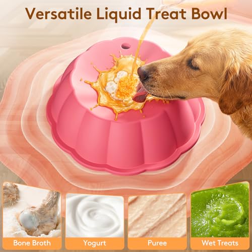 SIOCMONKEY Slow Feeder Dog Bowl with Rolling Ball for Liquid Treats – Non-Slip Silicone Lick Bowl for Bone Broth, Yogurt (Pink)