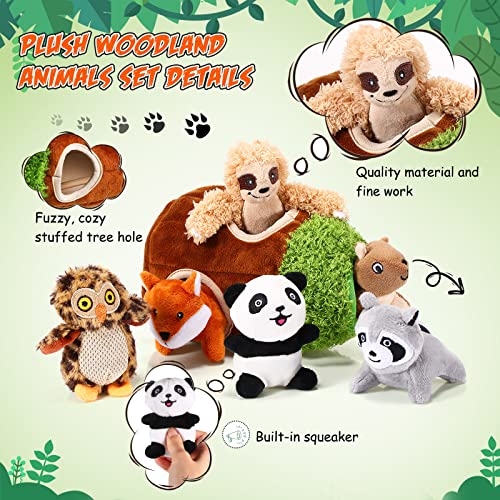 Skylety 7-Piece Hide and Seek Dog Toy Set – Plush Treehouse with 6 Squeaky Woodland Animal Toys for Small & Medium Dogs