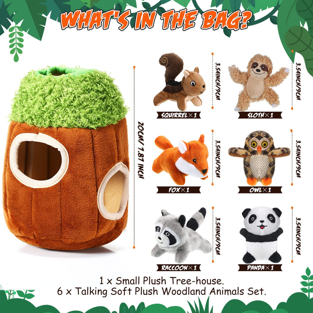 Skylety 7-Piece Hide and Seek Dog Toy Set – Plush Treehouse with 6 Squeaky Woodland Animal Toys for Small & Medium Dogs