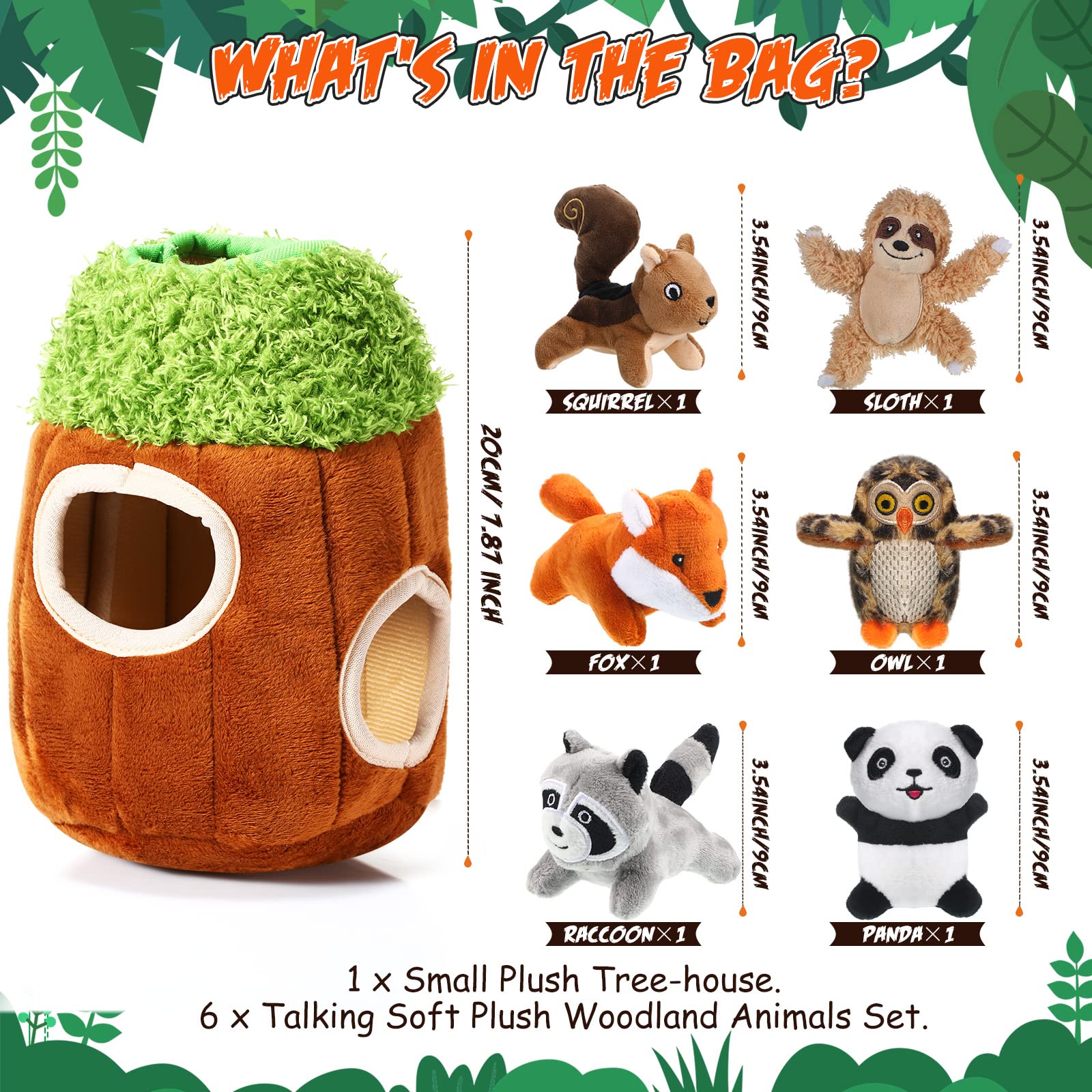 Skylety 7-Piece Hide and Seek Dog Toy Set – Plush Treehouse with 6 Squeaky Woodland Animal Toys for Small & Medium Dogs