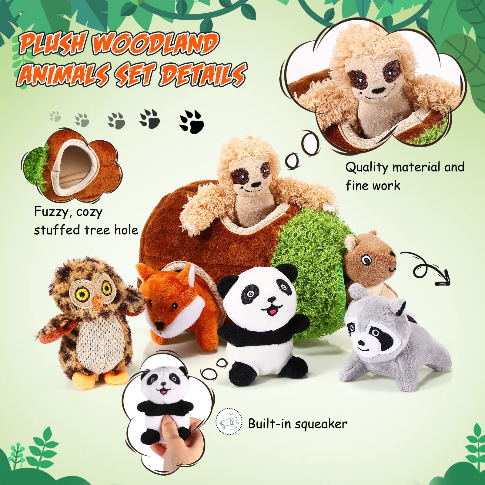 Skylety 7-Piece Hide and Seek Dog Toy Set – Plush Treehouse with 6 Squeaky Woodland Animal Toys for Small & Medium Dogs