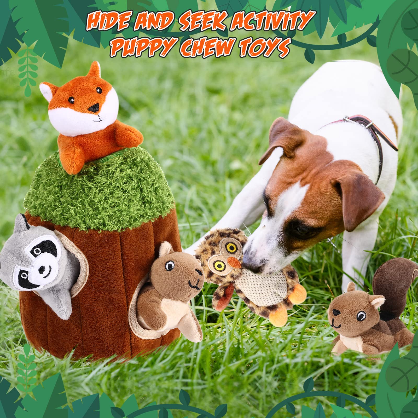 Skylety 7-Piece Hide and Seek Dog Toy Set – Plush Treehouse with 6 Squeaky Woodland Animal Toys for Small & Medium Dogs