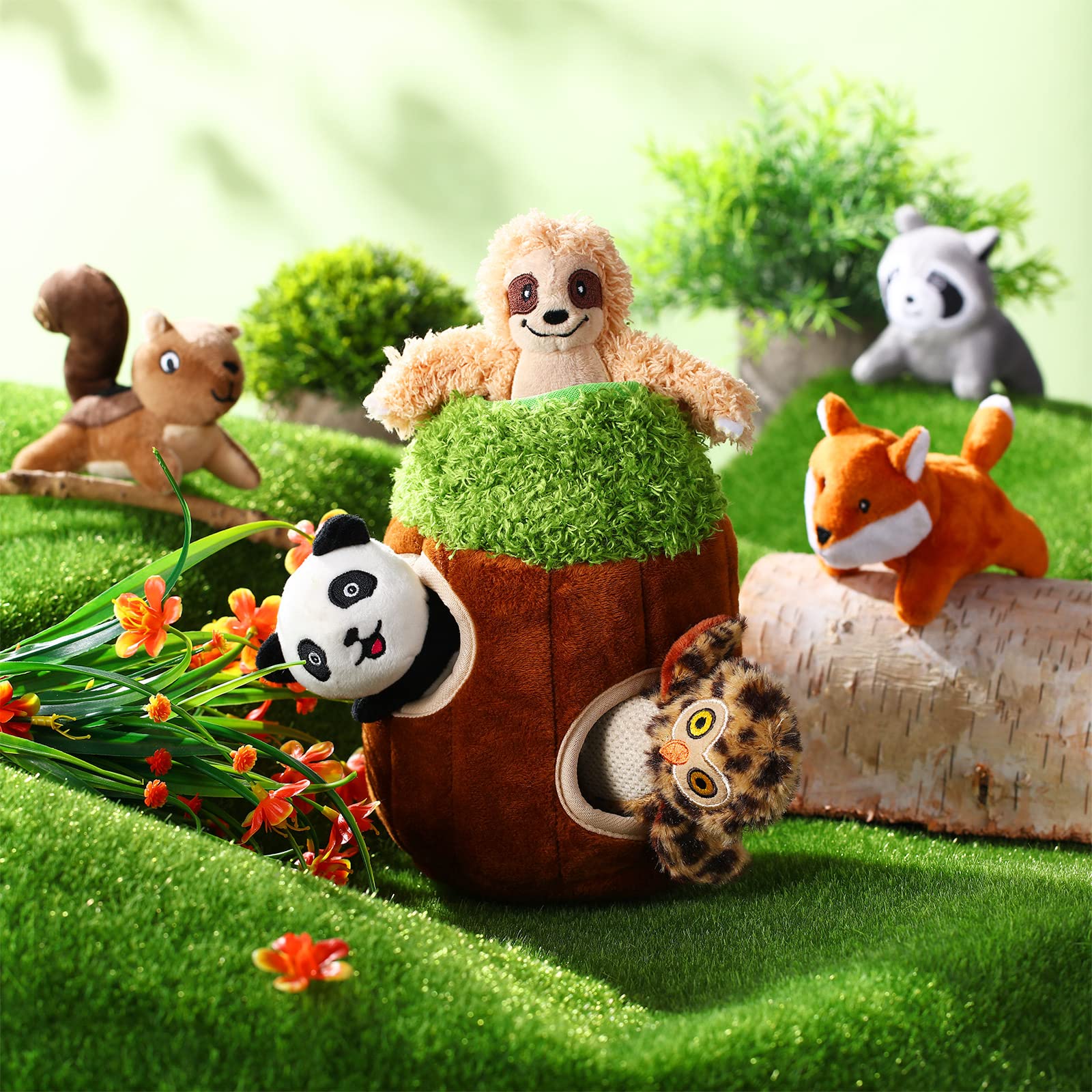 Skylety 7-Piece Hide and Seek Dog Toy Set – Plush Treehouse with 6 Squeaky Woodland Animal Toys for Small & Medium Dogs