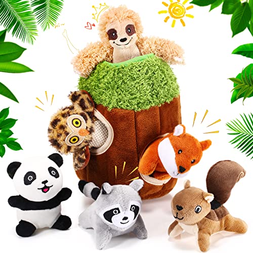 Skylety 7-Piece Hide and Seek Dog Toy Set – Plush Treehouse with 6 Squeaky Woodland Animal Toys for Small & Medium Dogs