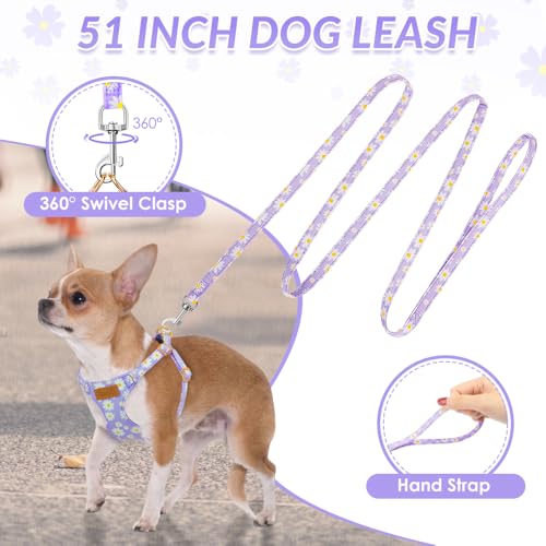 SlowTon Dog Harness for Small Dogs - XS Purple Daisy, Ultra-Light 0.9oz No-Pull Step-In Harness with Leash