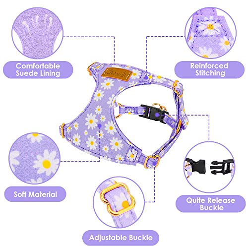 SlowTon Dog Harness for Small Dogs - XS Purple Daisy, Ultra-Light 0.9oz No-Pull Step-In Harness with Leash