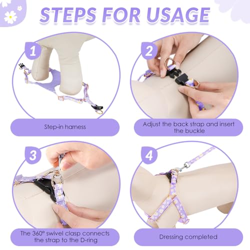 SlowTon Dog Harness for Small Dogs - XS Purple Daisy, Ultra-Light 0.9oz No-Pull Step-In Harness with Leash