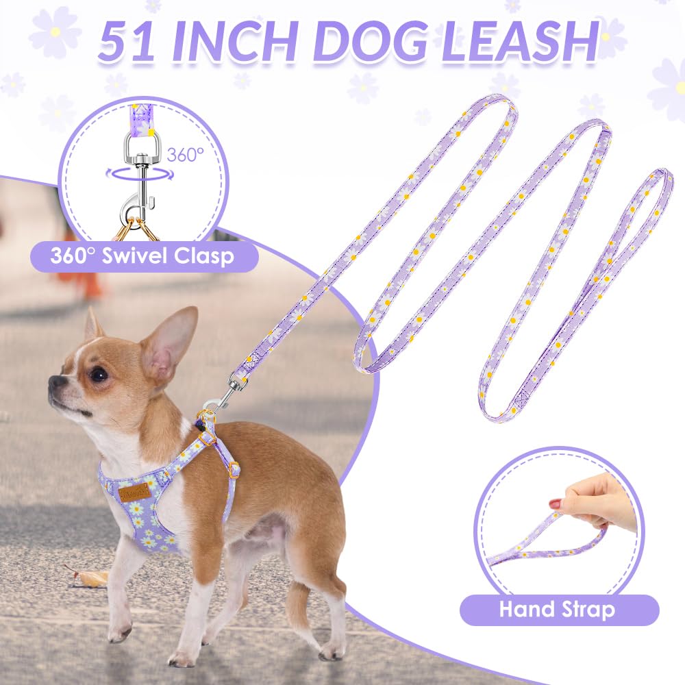 SlowTon Dog Harness for Small Dogs - XS Purple Daisy, Ultra-Light 0.9oz No-Pull Step-In Harness with Leash