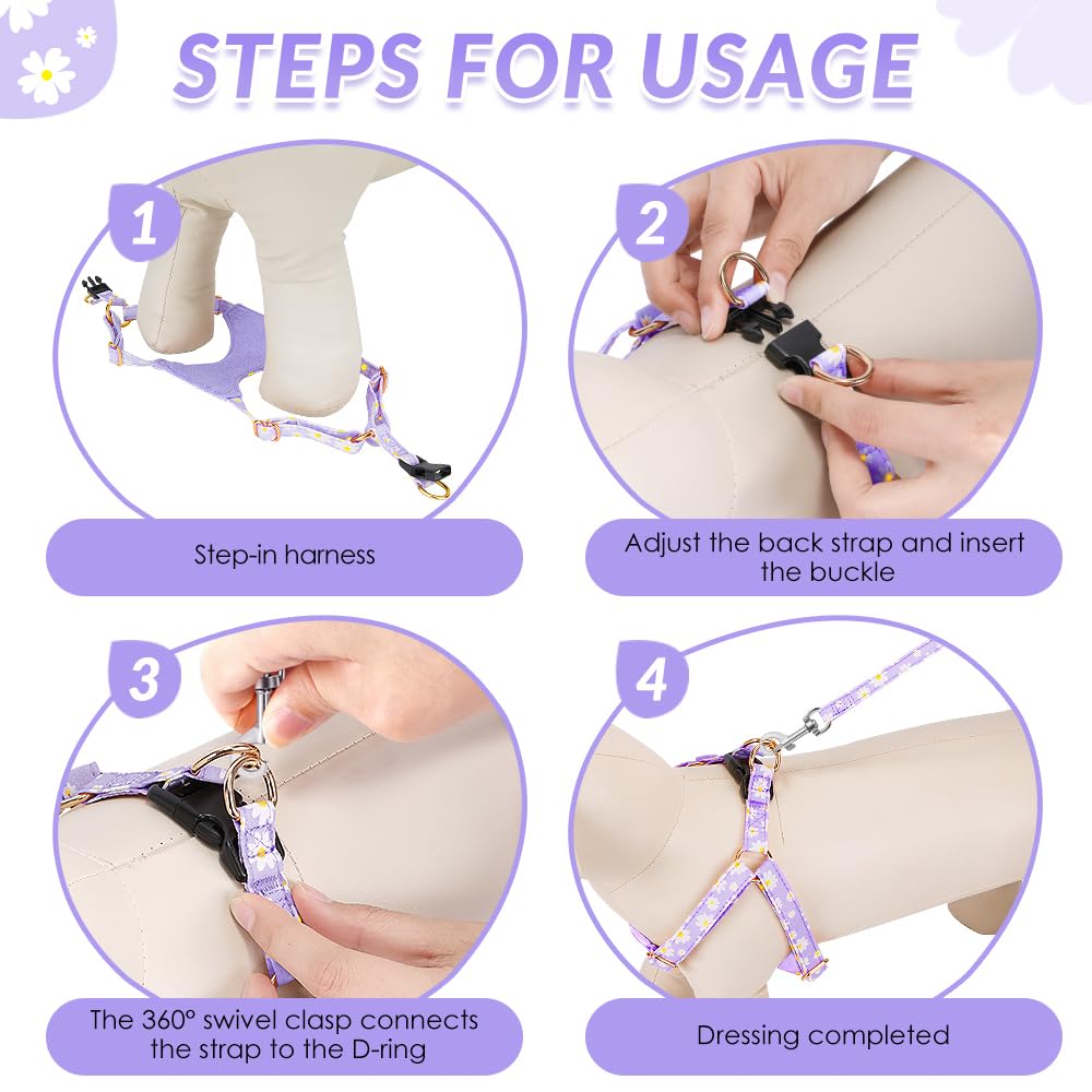 SlowTon Dog Harness for Small Dogs - XS Purple Daisy, Ultra-Light 0.9oz No-Pull Step-In Harness with Leash