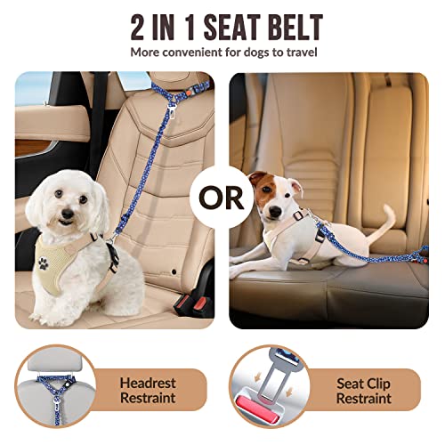 SlowTon Dog Seat Belt 2 Pack - Adjustable Car Harness with Elastic Bungee, Reflective Safety Tether for Dogs (Small, Blue Paw, Headrest+Clip)