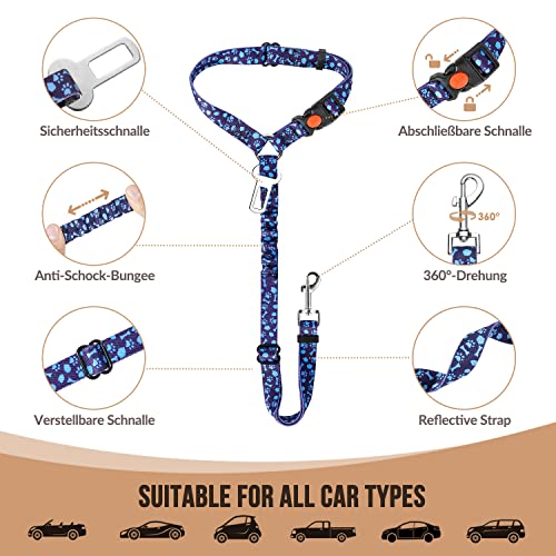 SlowTon Dog Seat Belt 2 Pack - Adjustable Car Harness with Elastic Bungee, Reflective Safety Tether for Dogs (Small, Blue Paw, Headrest+Clip)