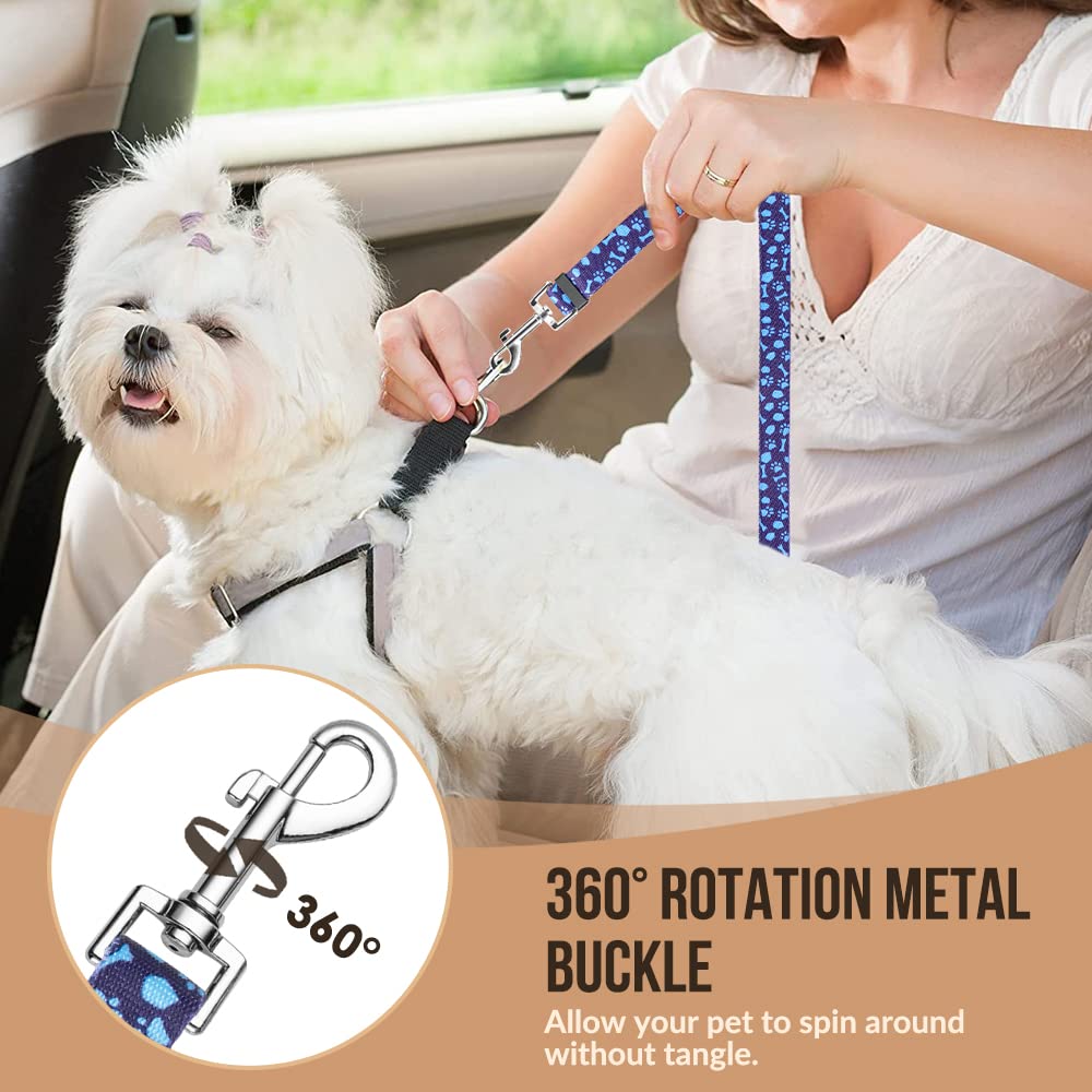 SlowTon Dog Seat Belt 2 Pack - Adjustable Car Harness with Elastic Bungee, Reflective Safety Tether for Dogs (Small, Blue Paw, Headrest+Clip)