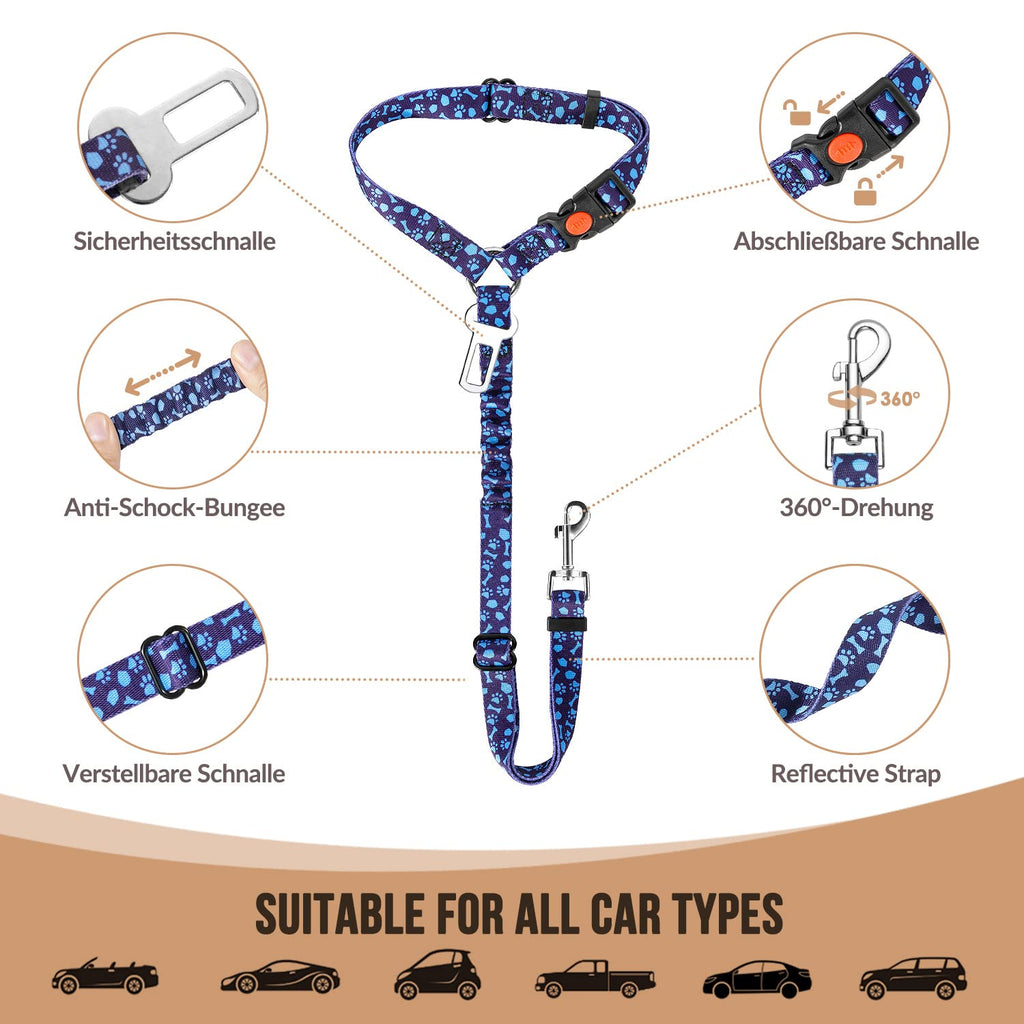 SlowTon Dog Seat Belt 2 Pack - Adjustable Car Harness with Elastic Bungee, Reflective Safety Tether for Dogs (Small, Blue Paw, Headrest+Clip)
