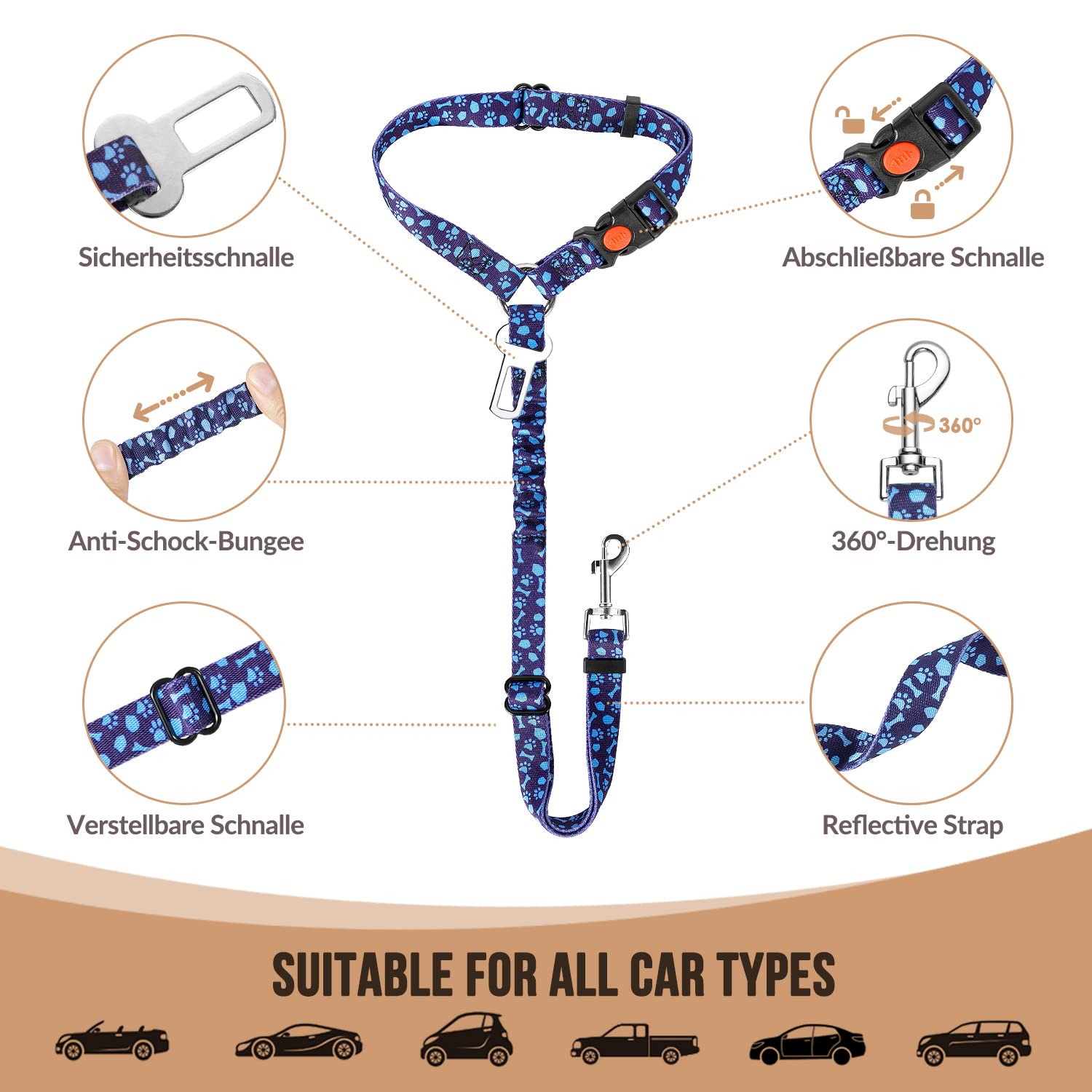 SlowTon Dog Seat Belt 2 Pack - Adjustable Car Harness with Elastic Bungee, Reflective Safety Tether for Dogs (Small, Blue Paw, Headrest+Clip)
