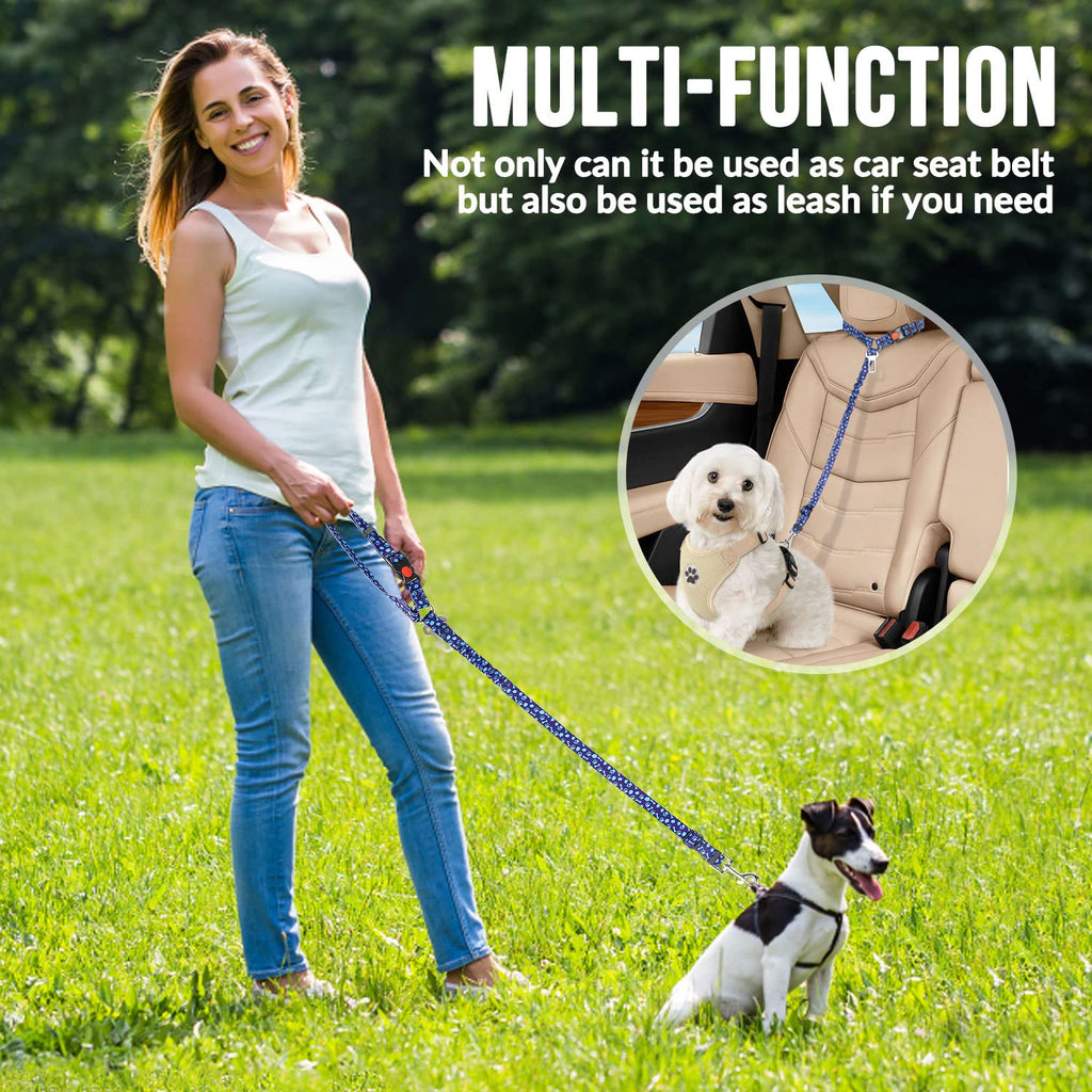 SlowTon Dog Seat Belt 2 Pack - Adjustable Car Harness with Elastic Bungee, Reflective Safety Tether for Dogs (Small, Blue Paw, Headrest+Clip)