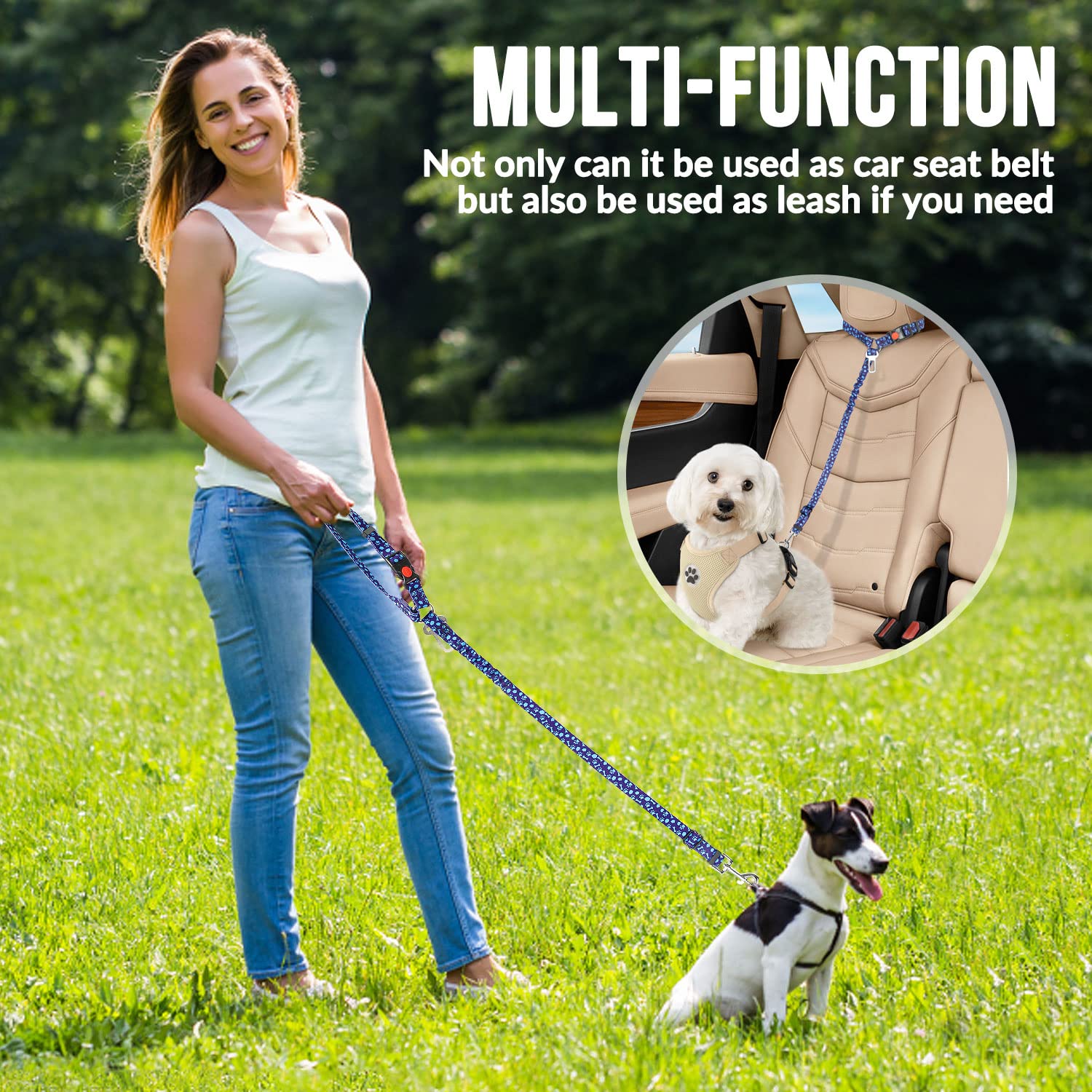 SlowTon Dog Seat Belt 2 Pack - Adjustable Car Harness with Elastic Bungee, Reflective Safety Tether for Dogs (Small, Blue Paw, Headrest+Clip)