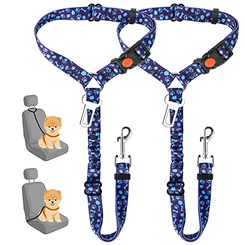 SlowTon Dog Seat Belt 2 Pack - Adjustable Car Harness with Elastic Bungee, Reflective Safety Tether for Dogs (Small, Blue Paw, Headrest+Clip)