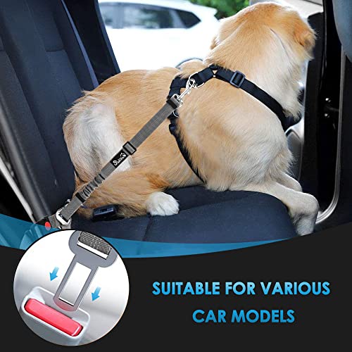 SlowTon Dog Seat Belt for Car - 2 Pack Adjustable Headrest Restraint with Elastic Bungee, Reflective Safety Tether for Dogs (Grey)