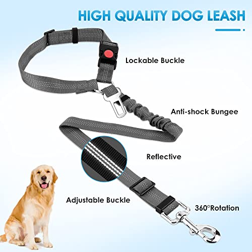 SlowTon Dog Seat Belt for Car - 2 Pack Adjustable Headrest Restraint with Elastic Bungee, Reflective Safety Tether for Dogs (Grey)