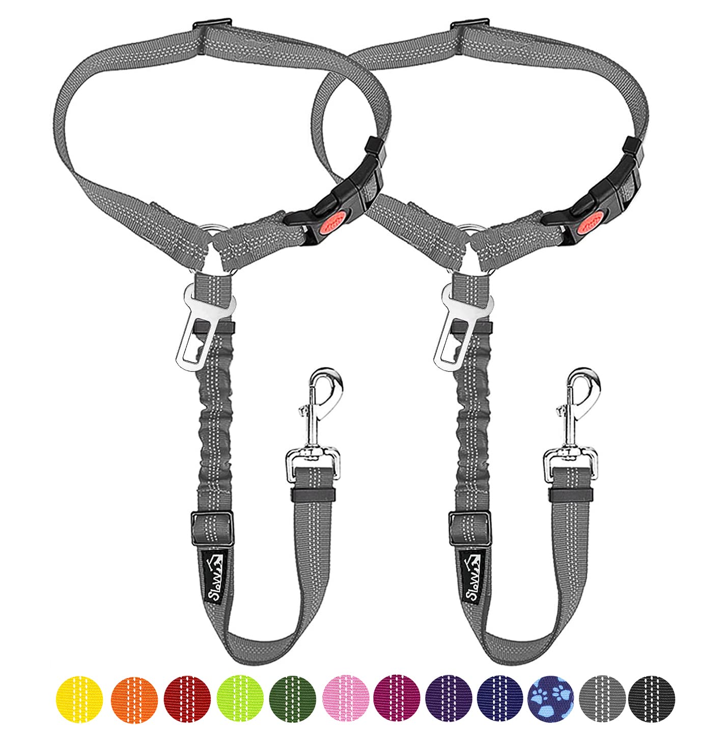 SlowTon Dog Seat Belt for Car - 2 Pack Adjustable Headrest Restraint with Elastic Bungee, Reflective Safety Tether for Dogs (Grey)
