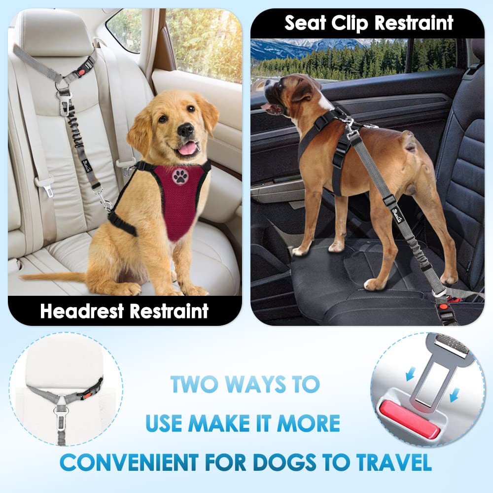 SlowTon Dog Seat Belt for Car - 2 Pack Adjustable Headrest Restraint with Elastic Bungee, Reflective Safety Tether for Dogs (Grey)