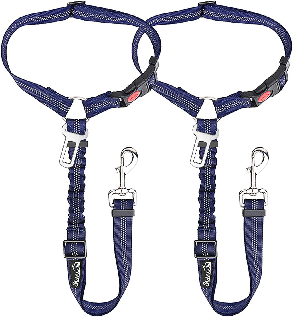 SlowTon Dog Seat Belt for Car (2 Pack) - Adjustable, Elastic Bungee, Reflective Safety Tether for Headrest or Clip - Blue