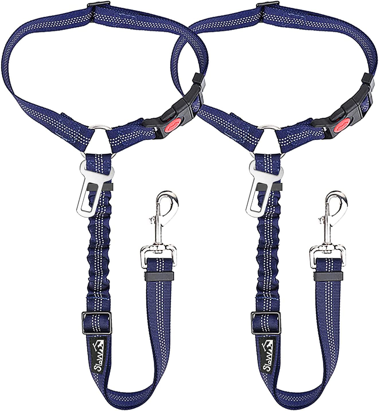SlowTon Dog Seat Belt for Car (2 Pack) - Adjustable, Elastic Bungee, Reflective Safety Tether for Headrest or Clip - Blue