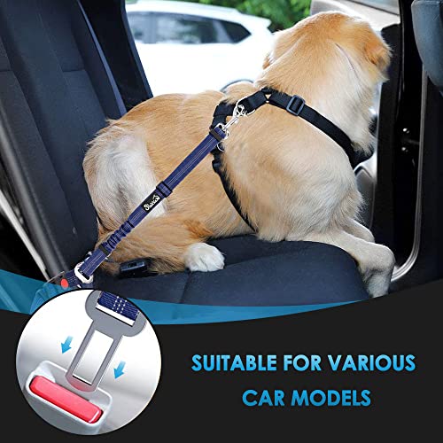 SlowTon Dog Seat Belt for Car (2 Pack) - Adjustable, Elastic Bungee, Reflective Safety Tether for Headrest or Clip - Blue