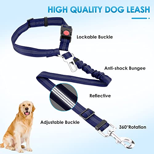 SlowTon Dog Seat Belt for Car (2 Pack) - Adjustable, Elastic Bungee, Reflective Safety Tether for Headrest or Clip - Blue