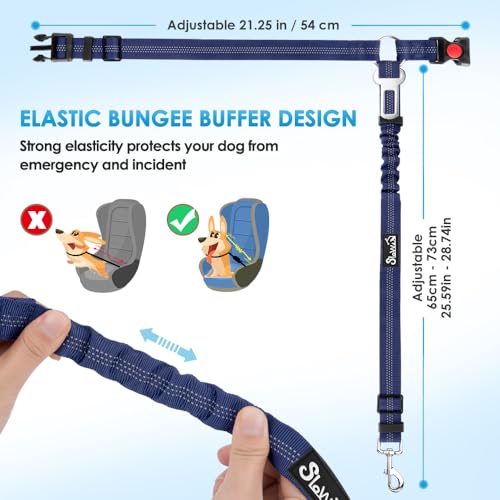 SlowTon Dog Seat Belt for Car (2 Pack) - Adjustable, Elastic Bungee, Reflective Safety Tether for Headrest or Clip - Blue