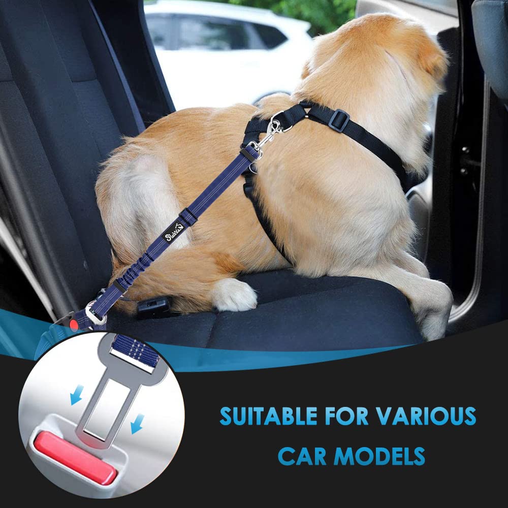 SlowTon Dog Seat Belt for Car (2 Pack) - Adjustable, Elastic Bungee, Reflective Safety Tether for Headrest or Clip - Blue
