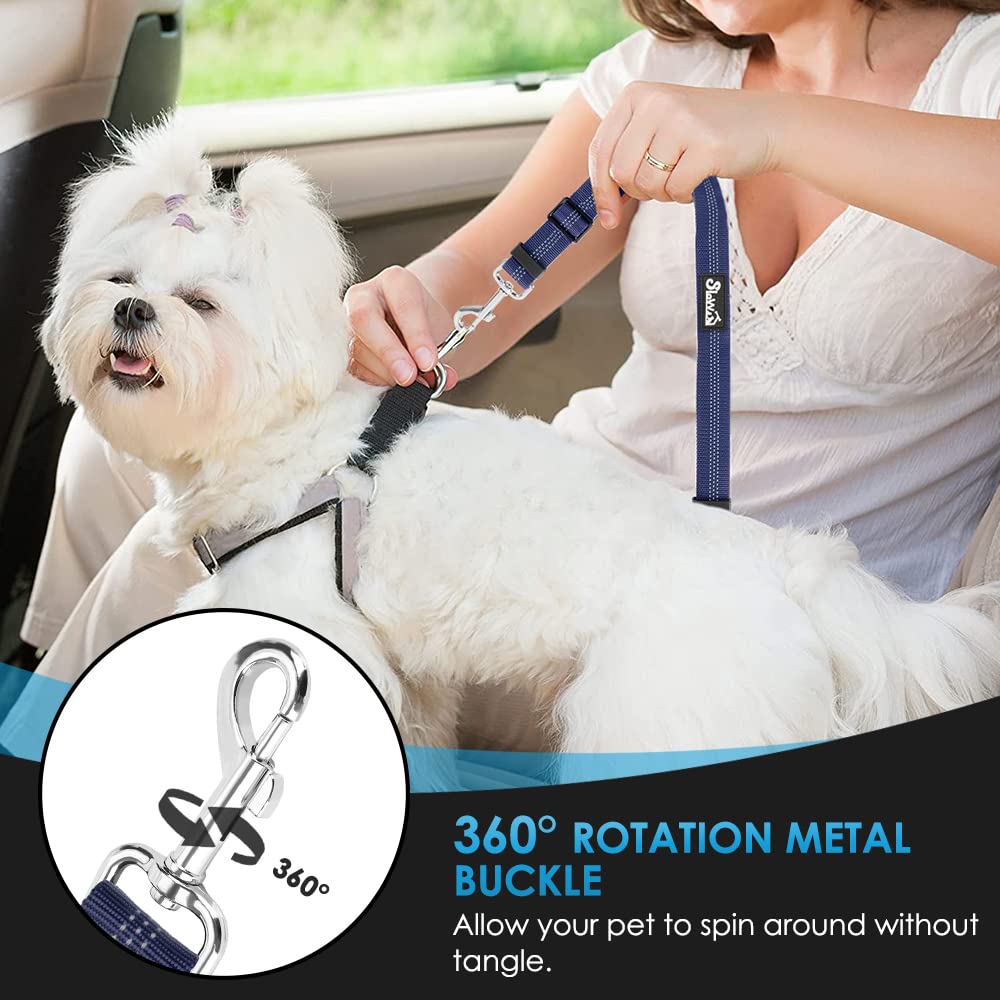 SlowTon Dog Seat Belt for Car (2 Pack) - Adjustable, Elastic Bungee, Reflective Safety Tether for Headrest or Clip - Blue