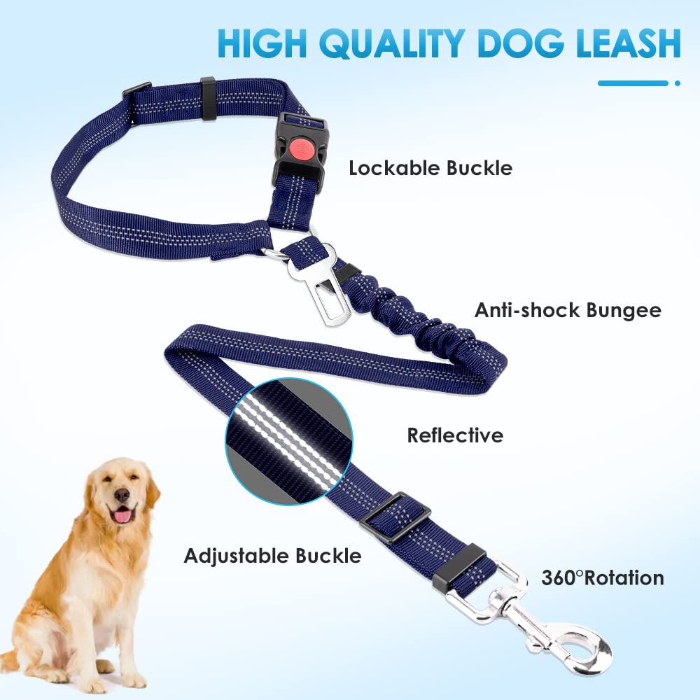 SlowTon Dog Seat Belt for Car (2 Pack) - Adjustable, Elastic Bungee, Reflective Safety Tether for Headrest or Clip - Blue