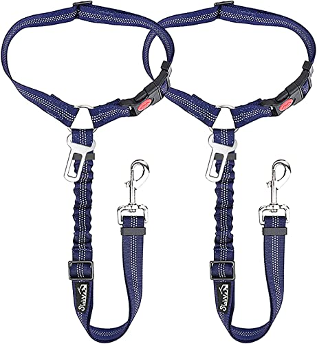 SlowTon Dog Seat Belt for Car (2 Pack) - Adjustable, Elastic Bungee, Reflective Safety Tether for Headrest or Clip - Blue