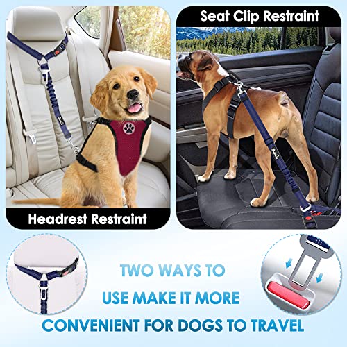 SlowTon Dog Seat Belt for Car (2 Pack) - Adjustable, Elastic Bungee, Reflective Safety Tether for Headrest or Clip - Blue