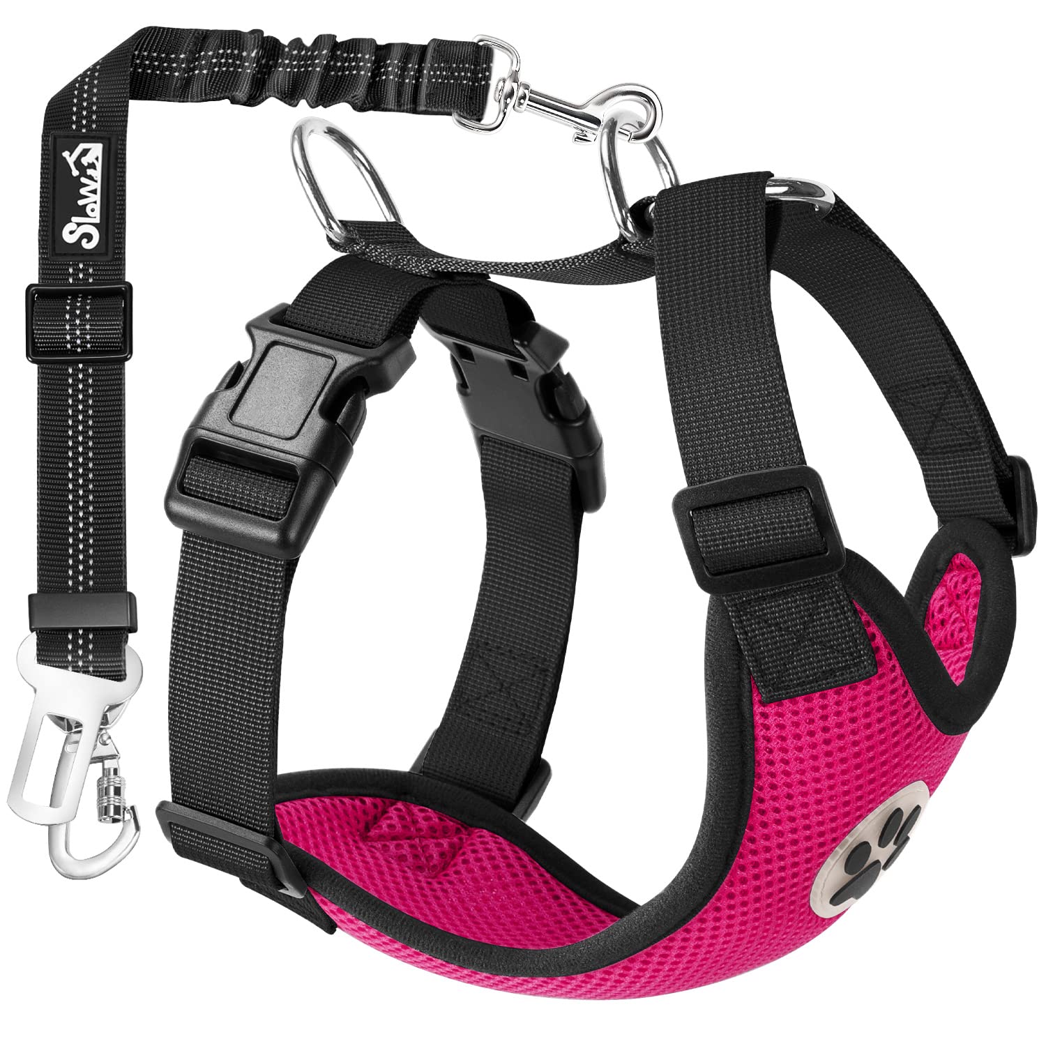 SlowTon Dog Seat Belt Harness for Car - Fuchsia Double Clip Medium, Mesh Breathable & Elastic Bungee Tether for Small to Medium Dogs