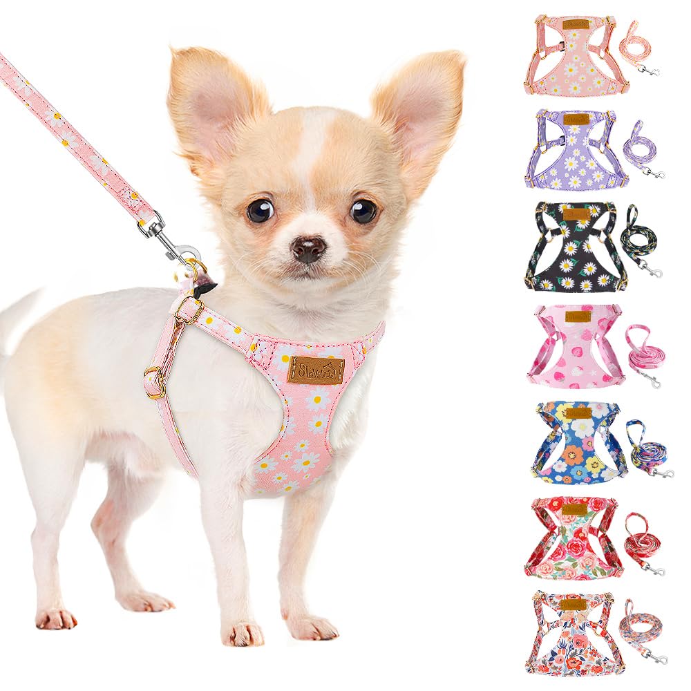 SlowTon Pink Daisy No Pull Dog Harness with Leash - Ultra-Lightweight XXS for Small Dogs 2.2-6 lb