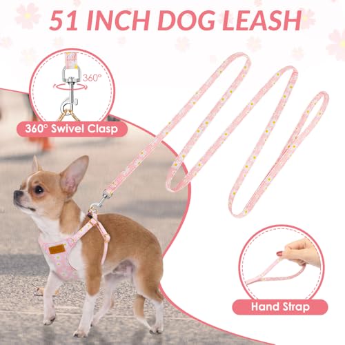 SlowTon Pink Daisy No Pull Dog Harness with Leash - Ultra-Lightweight XXS for Small Dogs 2.2-6 lb