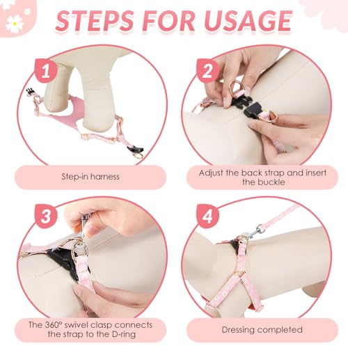 SlowTon Pink Daisy No Pull Dog Harness with Leash - Ultra-Lightweight XXS for Small Dogs 2.2-6 lb