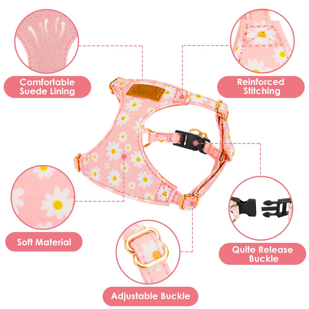 SlowTon Pink Daisy No Pull Dog Harness with Leash - Ultra-Lightweight XXS for Small Dogs 2.2-6 lb